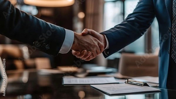 Obraz A salesman shaking hands with a client in a sleek boardroom, surrounded by documents and a glass table