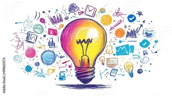Fototapeta Bright light bulb with colorful hand drawn graphics surrounding it.