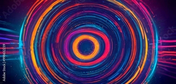 Fototapeta a vibrant abstract composition of concentric circles in various colors, including orange, blue, and purple, against a dark background