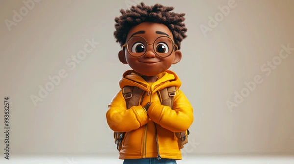 Fototapeta Smiling 3D African Cartoon Teen Boy in Yellow Jacket and Glasses with Backpack, Happy Animated Character Concept on Light Background for Cute and Funny People Themes