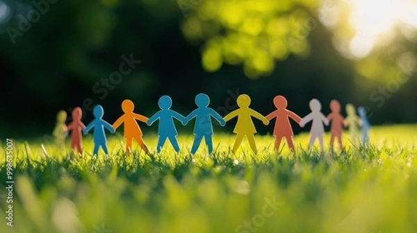 Fototapeta Colorful paper people holding hands in a grassy field.