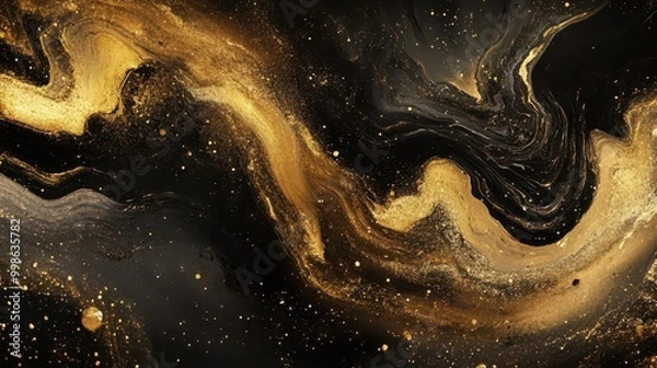 Fototapeta opulent gold and black abstract featuring swirling cosmic dust luxurious textures shimmering particles and the illusion of depth in a galactic dance