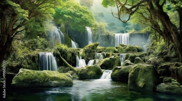 Fototapeta Tranquil Waterfall Scene in Lush Jungle