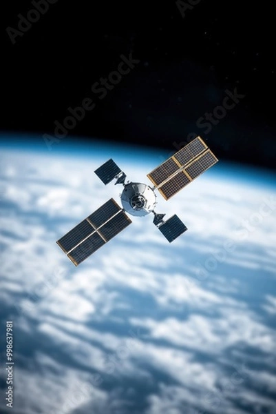 Fototapeta A small satellite floating on space with earth and sunlight on background