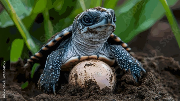 Obraz baby leatherback turtle emerging from egg 