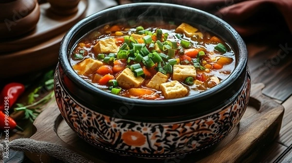 Fototapeta A vibrant bowl of hearty stew filled with vegetables and tofu, garnished with fresh herbs, served in a decorative pot.