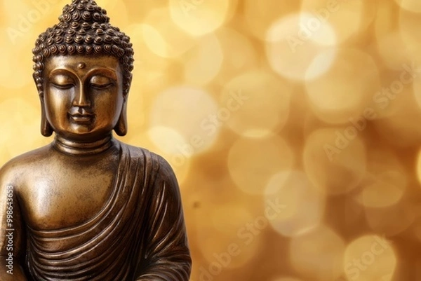 Fototapeta Bronze Buddha statue with golden bokeh background, symbolizing tranquility and peace.
