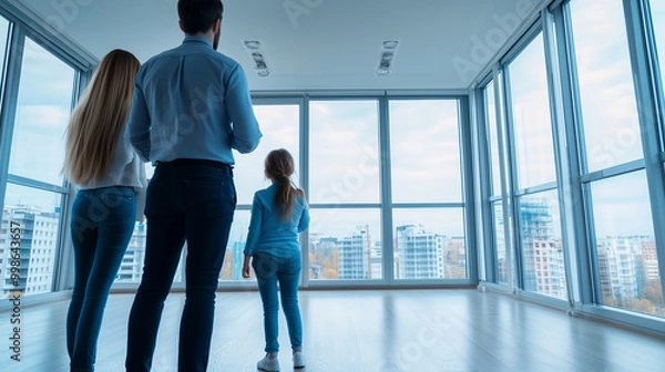 Fototapeta A family tours a sleek, modern apartment with a real estate agent, admiring the spacious layout, large windows, and contemporary design, representing affordable housing solutions f