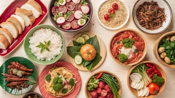 Fototapeta Set of various delicious food in black dishes isolated on transparent background, Top view of various menu served on plates.