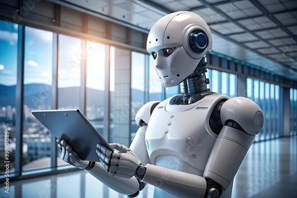 Fototapeta Ai robot using tablet with AI artificial intelligence technology