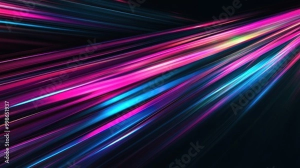 Fototapeta Abstract digital background with diagonal lines of pink, blue, and white light streaks on black.
