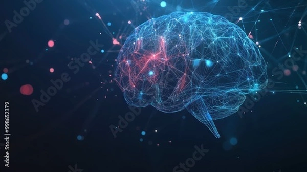Fototapeta A glowing blue and red abstract brain with connecting lines and dots on a dark blue background.