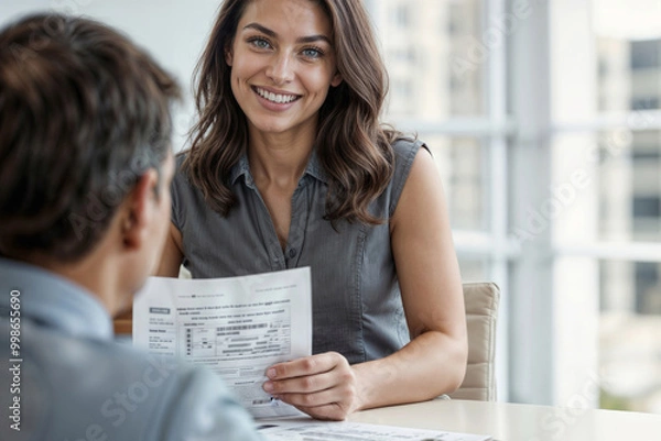 Obraz Man meets woman boss and signs job application