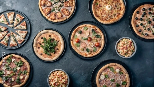 Fototapeta Top view collection of Pizza with different tasty isolated on background, Popular fast food, flat lay pizzas.