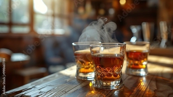 Obraz Traditional Greek rakomelo served in small glasses, the warm honeyed spirit steaming slightly. The glasses are set on a rustic wooden table with a backdrop of a cozy Greek taverna, 