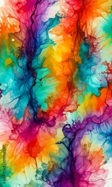 Fototapeta a vibrant abstract painting featuring a colorful, swirling pattern of fluid colors, including shades of red, orange, yellow, green, blue, and purple