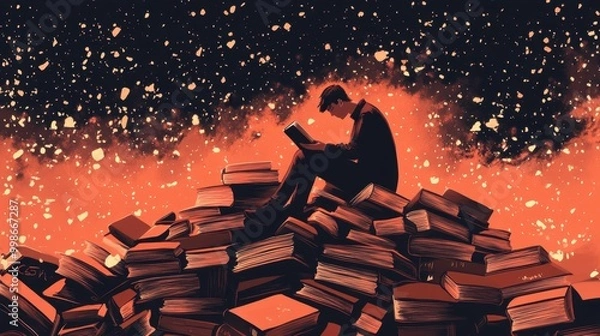 Fototapeta Abstract illustration of a reader lost in thought on a pile of books, representing knowledge, imagination, and discovery