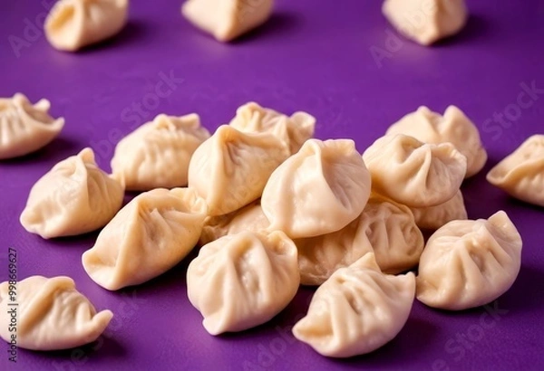 Fototapeta A pile of light-colored, round dumplings or buns is scattered on a purple background