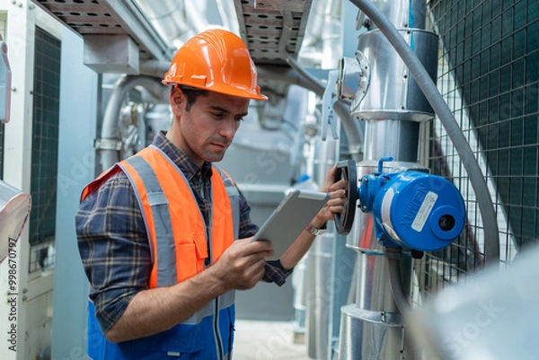 Fototapeta Engineers check and adjust the valves to ensure the proper amount of water flows into the air conditioning pipes.