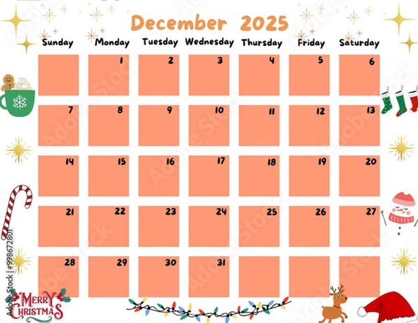 Fototapeta Calendar of December  2025 for Kid and childern so cute Orange Color