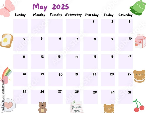 Fototapeta Calendar of May  2025 for Kid and childern so cute Violet Color