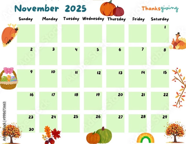 Fototapeta Calendar of November  2025 for Kid and childern so cute Green Color