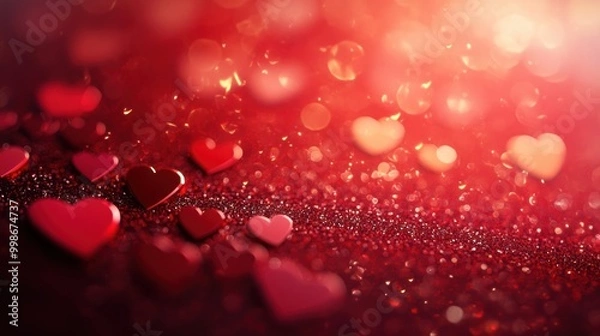 Fototapeta Closeup of red glitter with blurred hearts and bokeh lights, perfect for a romantic background.