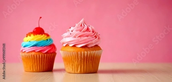 Fototapeta Two cupcakes with colorful frosting and a cherry on top sit on a pink background