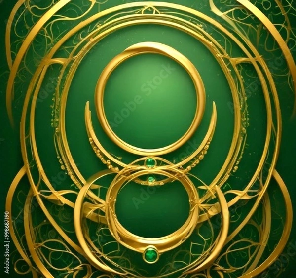 Fototapeta a complex, abstract design with a central circular element surrounded by concentric rings of varying sizes and shapes, all set against a dark green background
