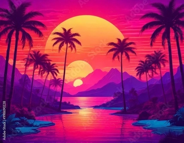 Obraz a serene tropical landscape at sunset, featuring palm trees, mountains, and a calm body of water reflecting the vibrant colors of the sky