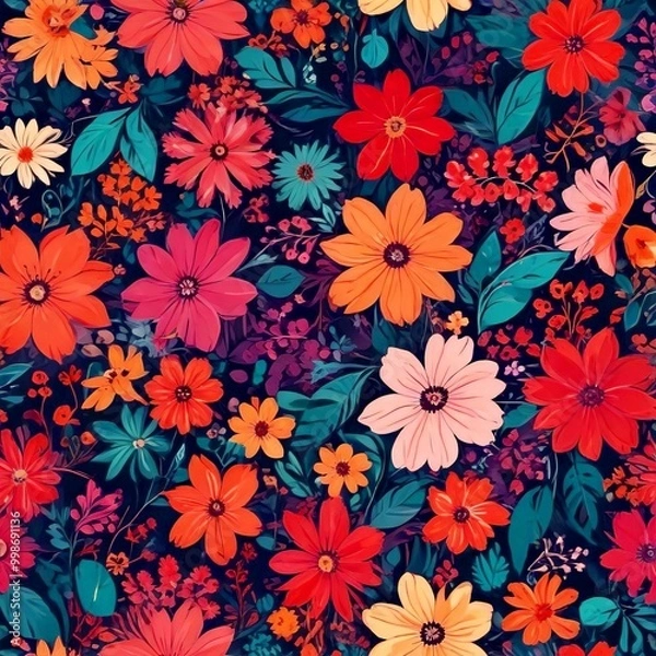 Obraz a vibrant and colorful floral pattern with a variety of flowers in shades of orange, pink, and yellow, interspersed with green leaves