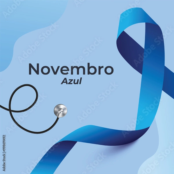 Fototapeta Novembro Azul Campaign Banner with Ribbon on Blue Fabric Background. Blue November