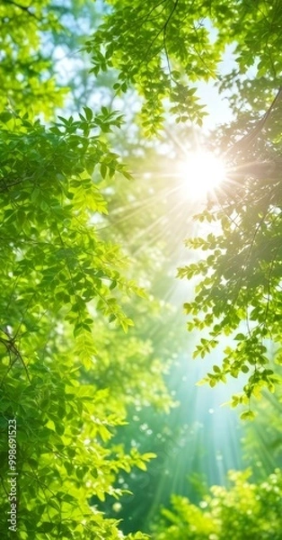 Fototapeta Sunlight filters through the lush green leaves tree, casting a warm glow and creating a serene and tranquil atmosphere