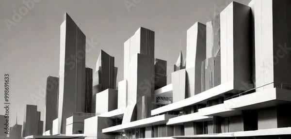 Fototapeta A monochrome futuristic cityscape, featuring tall, angular buildings with a grid-like pattern and a central tower