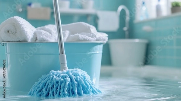 Fototapeta A mop standing upright in a bucket filled with clean water, surrounded by freshly cleaned surfaces that shine, capturing the essence of a thorough cleaning session