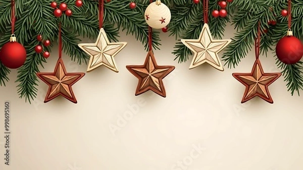 Fototapeta Christmas tree adorned with wooden star ornaments, red baubles, and berries, creating a festive holiday scene with natural and traditional elements.