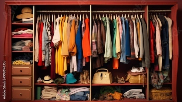 Fototapeta Front view of modern and large wardrobe in dressing room with fashionable woman clothes wear. Neural network ai generated art