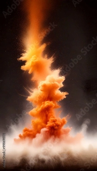 Fototapeta A dramatic explosion with a towering column of orange and white smoke, set against a dark background