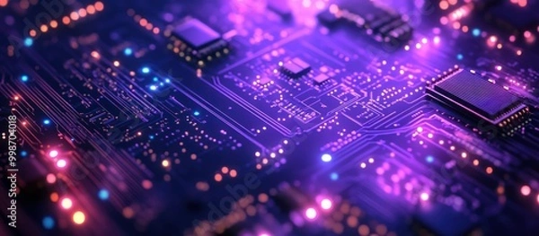 Fototapeta Close-up of a circuit board with glowing lights.