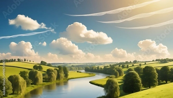 Fototapeta A serene countryside scene on a warm summer day, bathed in soft, golden light, with gentle, rolling green hills that stretch towards the horizon, punctuated by clusters of tall, swaying trees 