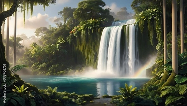 Fototapeta A breathtaking tropical landscape with a majestic cascading waterfall, its crystal-clear waters tumbling 30 feet down a moss-covered rockface, surrounded by dense, vibrant jungle greenery