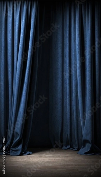 Fototapeta A dark blue curtain is partially open, revealing a wooden floor and a dark background, creating a theatrical or performance setting