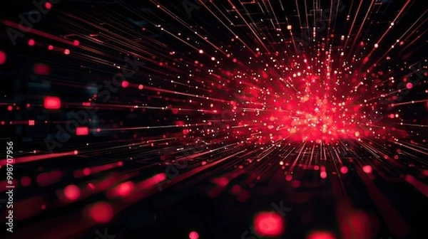 Fototapeta Red glowing digital particles on a black background, energy and motion concept.