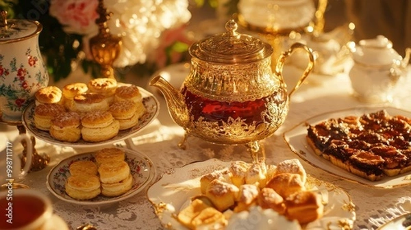 Fototapeta Traditional russian tea ceremony with samovar and pastries for spring gatherings