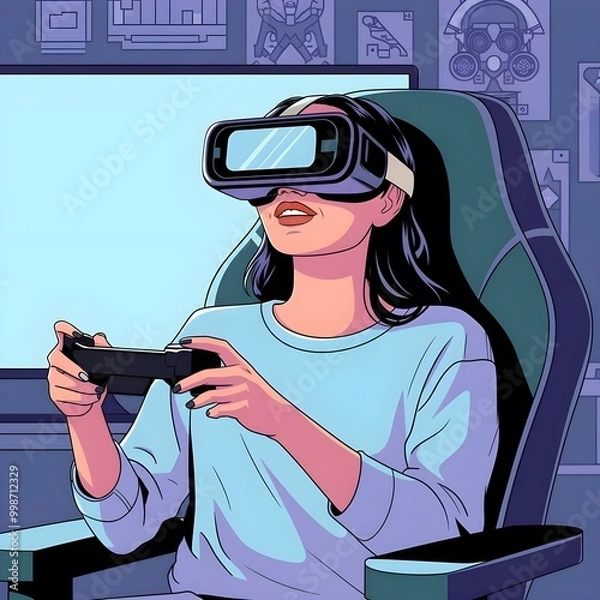 Fototapeta A woman wearing a virtual reality headset while playing video games,generative ai