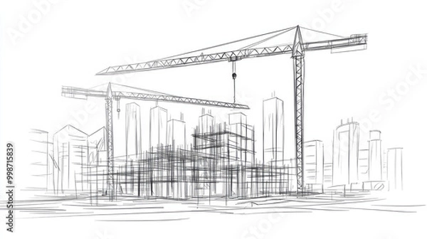Fototapeta A line drawing depicting a bustling construction site with towering cranes and partially built structures, signifying development and architectural progress in urban areas.