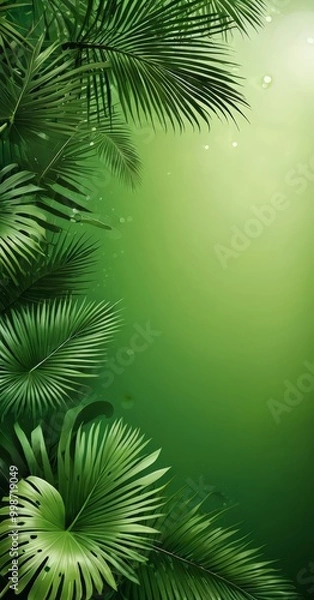 Fototapeta A lush, tropical scene with palm leaves in various shades of green against a vibrant green background