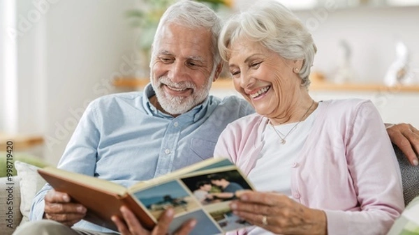 Fototapeta A Heartwarming Moment: Elderly Couple Cherishes Memories. This image captures a tender moment between an elderly couple as they sit together on a couch, engrossed in a photo album.
