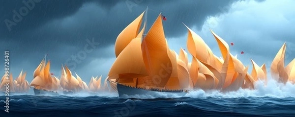 Obraz A dramatic scene of ships with vibrant orange sails navigating through turbulent waters under a stormy sky.