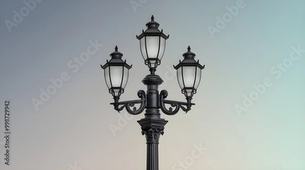 Fototapeta Elegant Black Street Lamp with Three Lights Against a Soft Gradient Sky